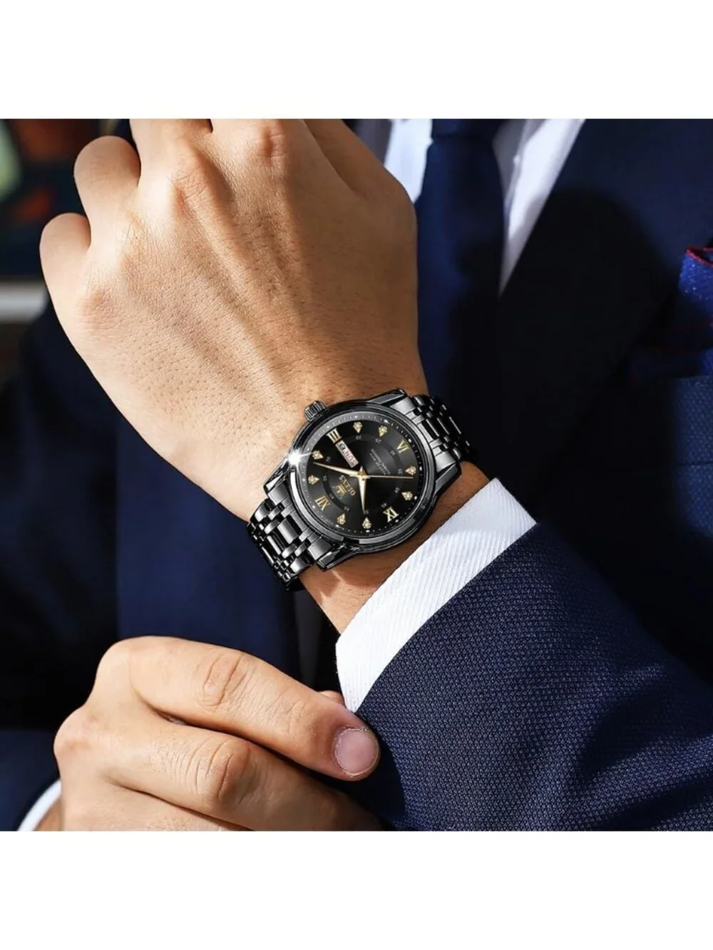 Men's All Black Quartz Stainless Steel Waterproof Luminous Luxury Wooden Watch